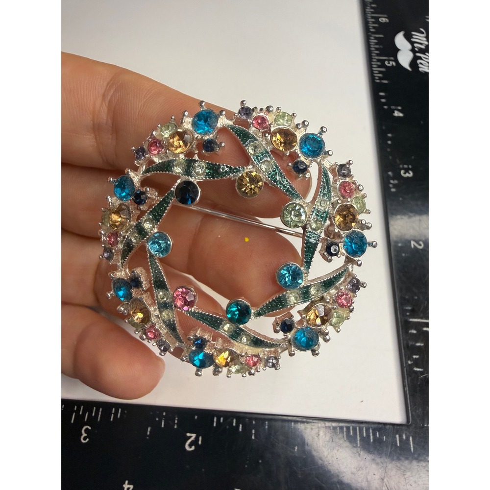Napier Silver Tone Multi Color Rhinestone Wreath Brooch Pin Enamel Accent